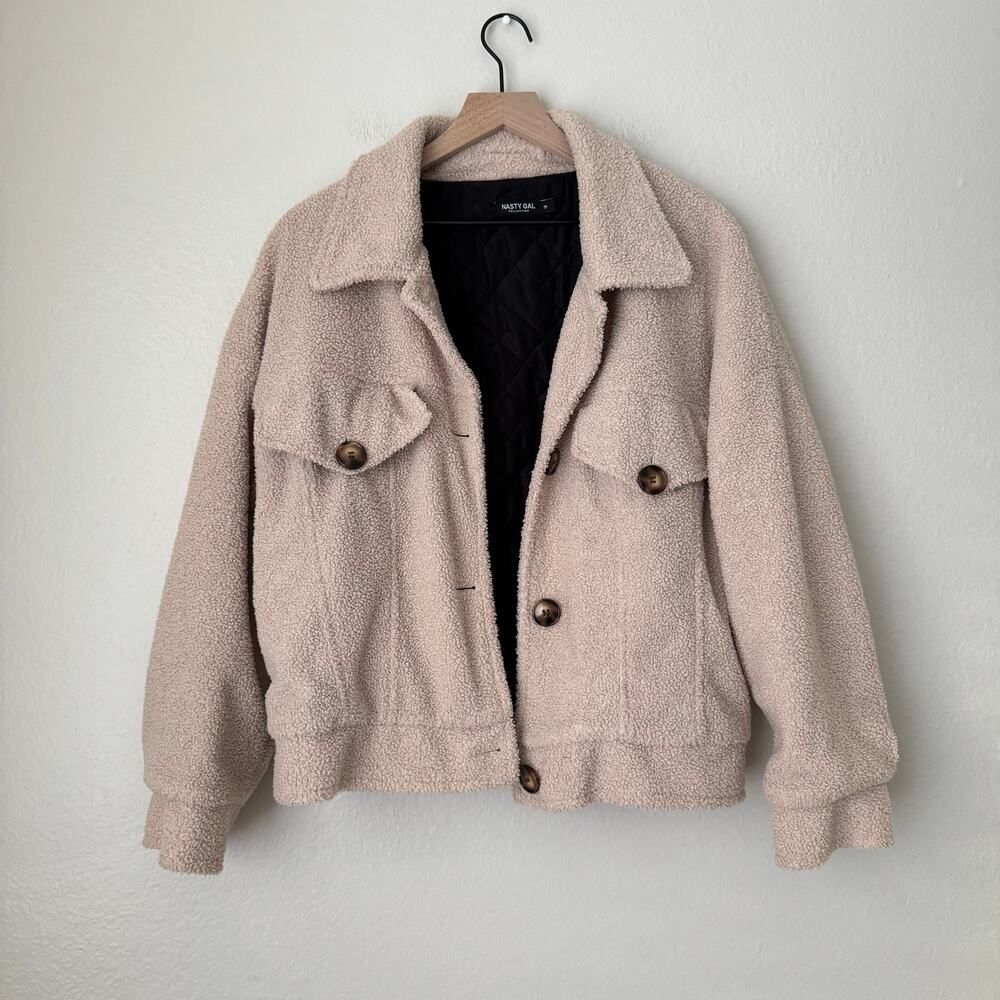 Nasty Gal Womens Tan Sherpa Teddy Jacket Coat Lined Oversized Size Medium Top